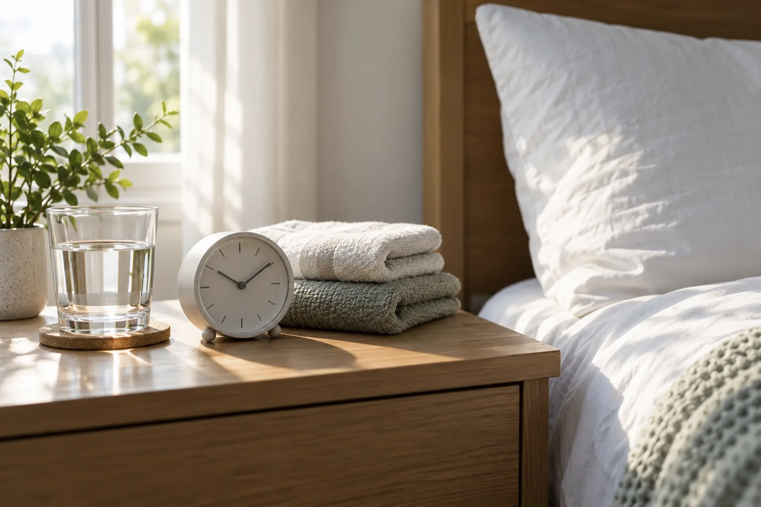 Bedroom nightstand with water glass, clock, folded towels and firm pillow