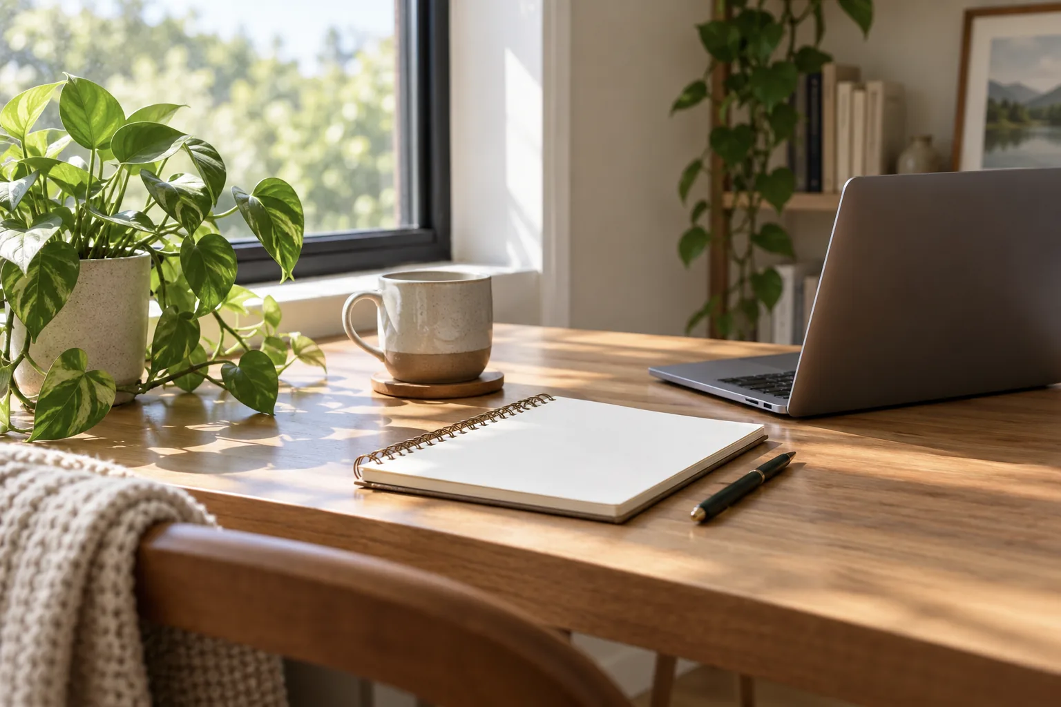 Calm home office desk with plant, blank notepad, mug and laptop