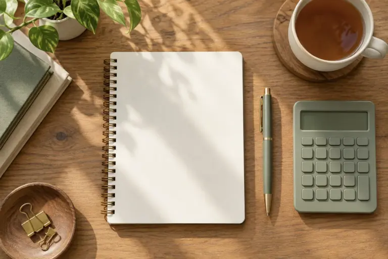 Top view of a desk with a blank notebook, pen, calculator and a cup of tea