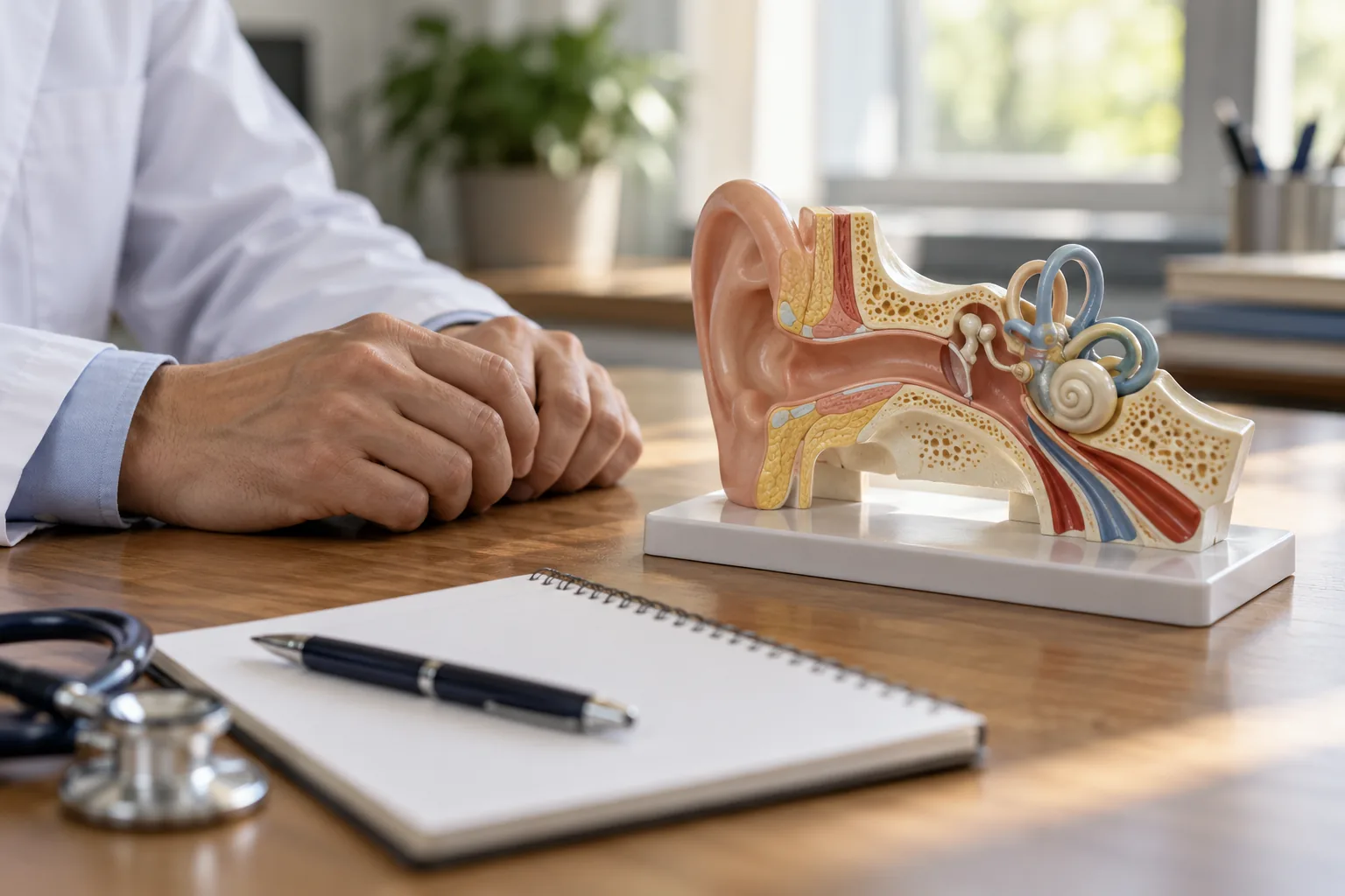 Doctor at a desk with an inner ear anatomy model, stethoscope and blank notepad
