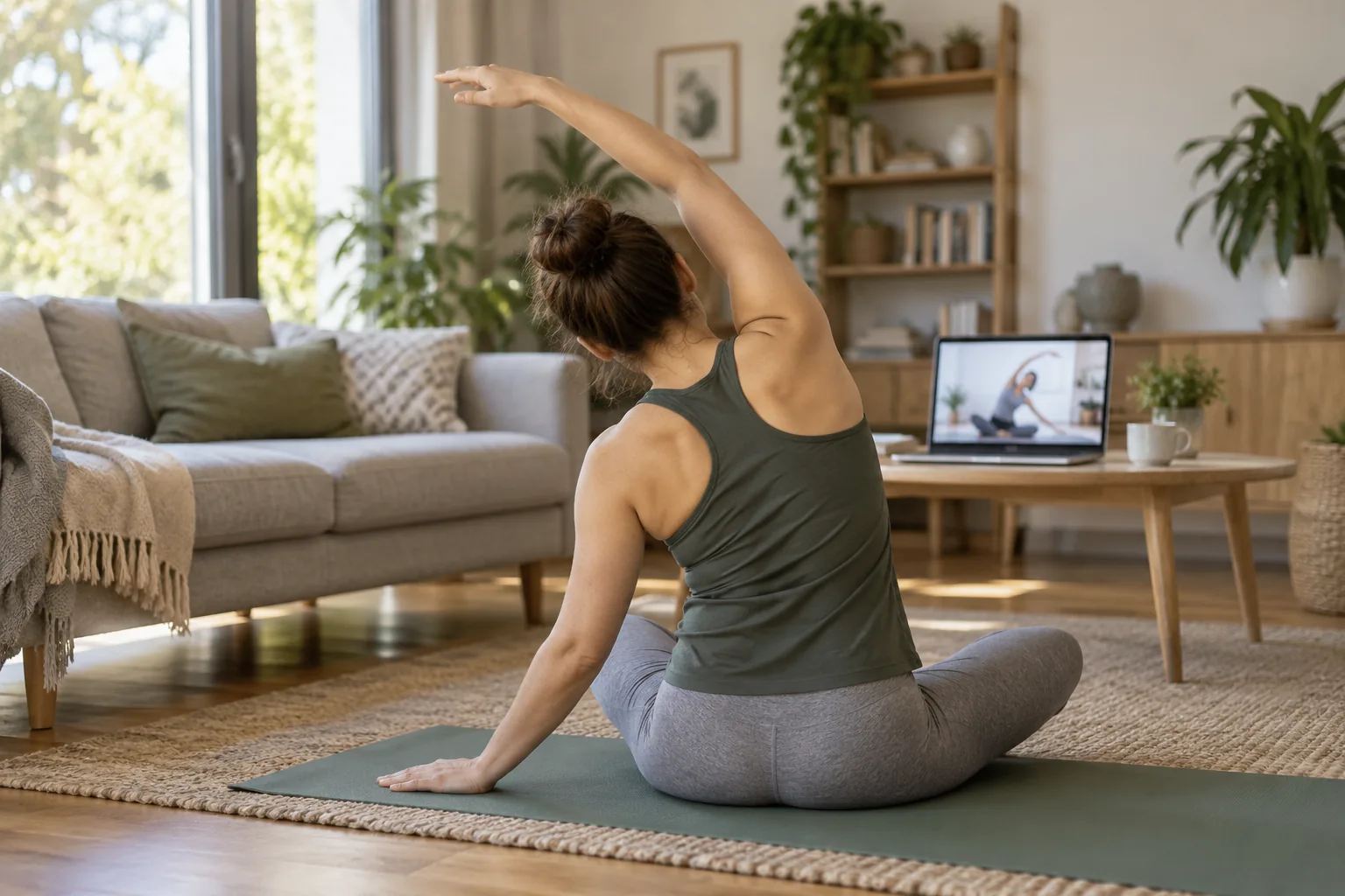 Person on a yoga mat in a living room following a gentle exercise video on a laptop