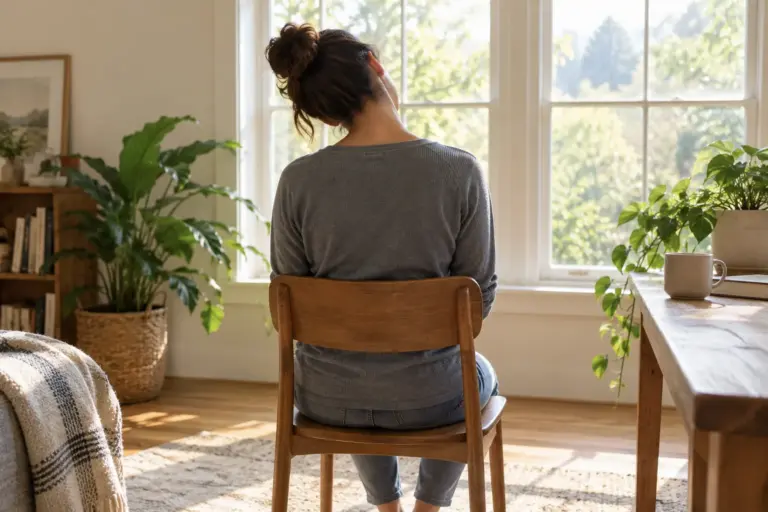 Person seen from behind gently tilting the head in a seated neck stretch by a sunny window