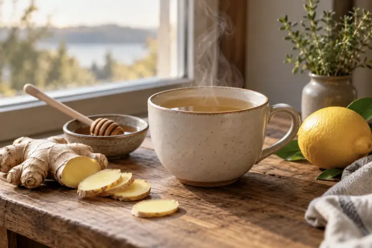 Cup of ginger herbal tea with honey and lemon on a wooden table by a window