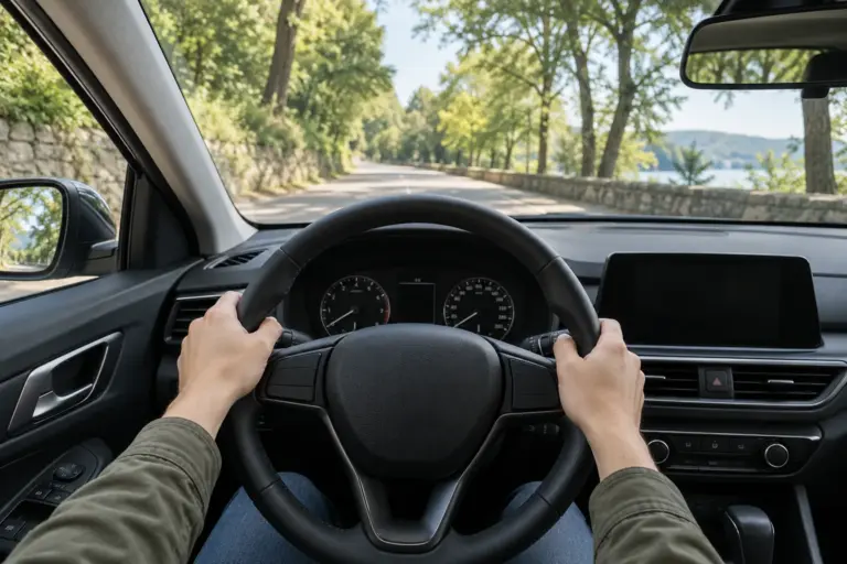 Hands on a steering wheel looking out at a quiet tree-lined road