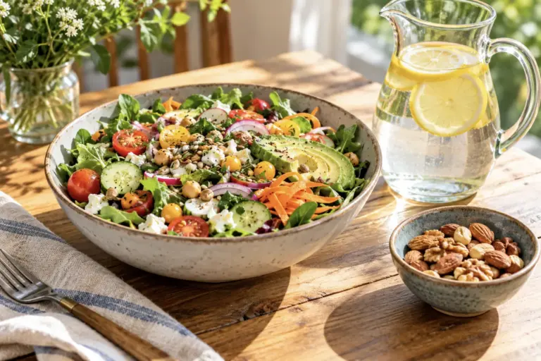 Salad bowl, lemon water jug and bowl of nuts on a wooden table