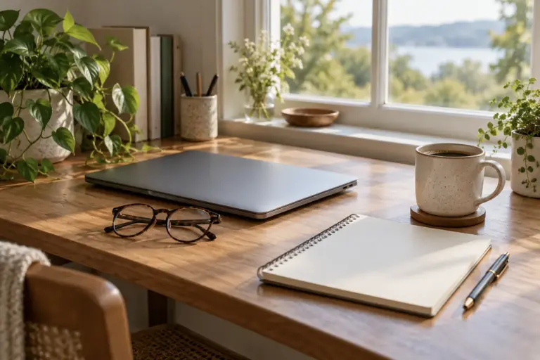 Tidy home desk with closed laptop, reading glasses, blank notebook and coffee mug