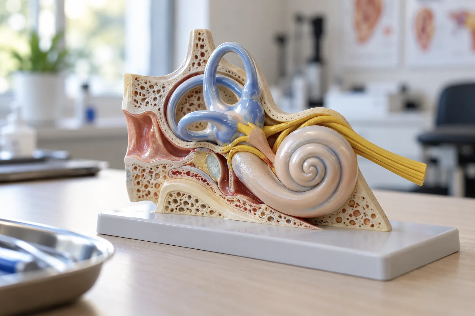 Close-up of an inner ear anatomy model showing the cochlea and semicircular canals