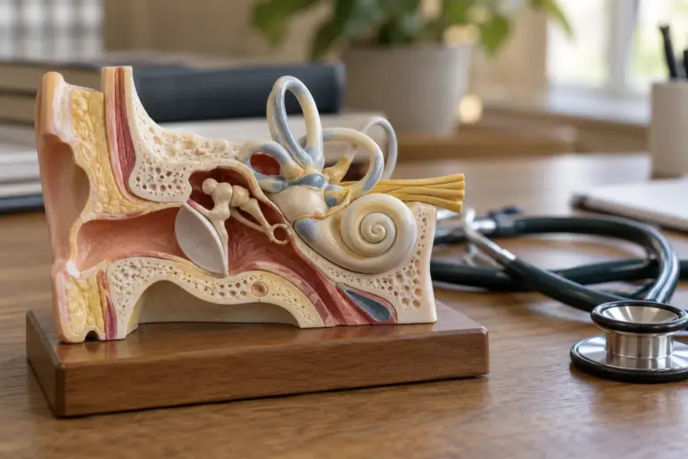 Close-up of an inner ear anatomical model beside a stethoscope on a desk