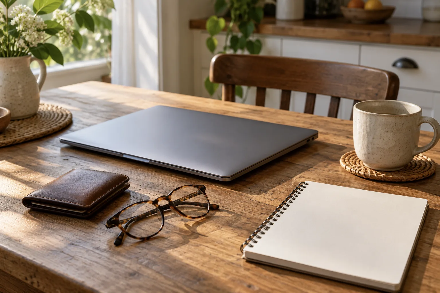 Kitchen table with closed laptop, wallet, reading glasses and blank notepad