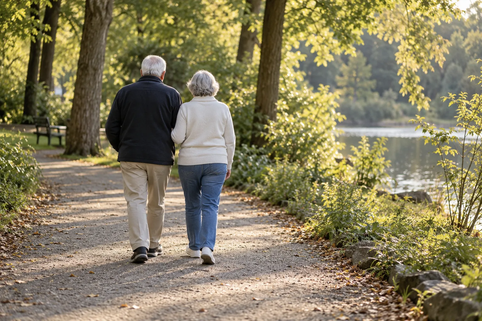 Older couple walking arm in arm on a tree-lined park path in warm light