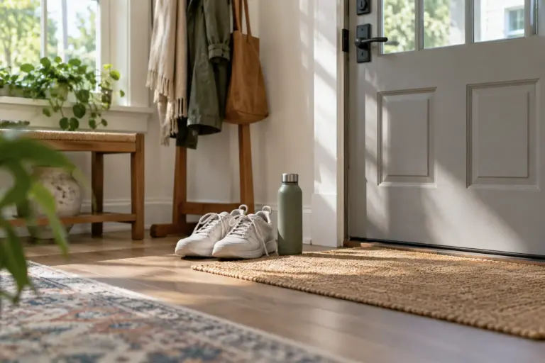 Sneakers and water bottle by the front door of a bright hallway