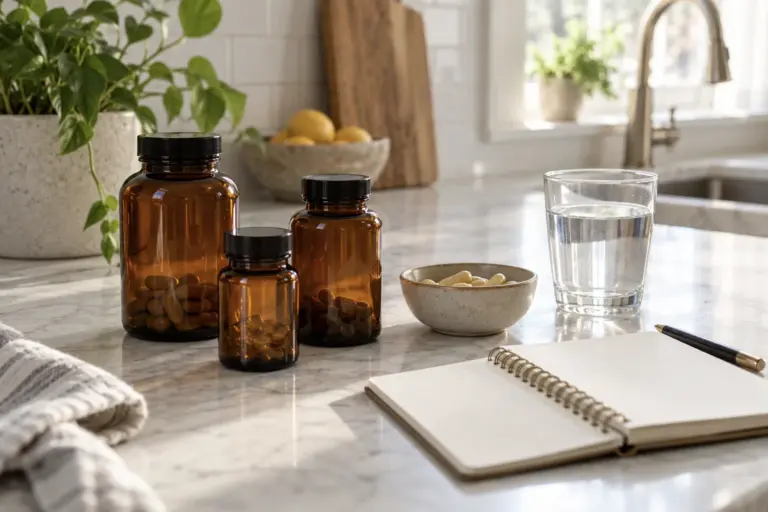 Plain amber medicine bottles, water glass and blank notebook on a kitchen counter